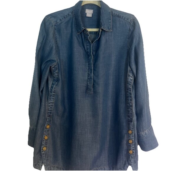 CHICO'S Chambray Shirt S 1/8-10 Womens Small Blue Button Side Detail Long Sleeve - Picture 1 of 12
